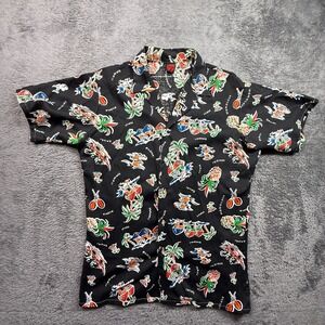 Vintage 70s Hawaiian BASE Button Up Shirt Black AOP Mens M Island Print